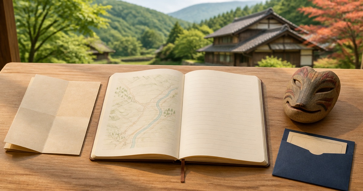 遠野の伝承を調べるノートと抽象地図、木製の郷土文化オブジェを並べた旅の計画風景